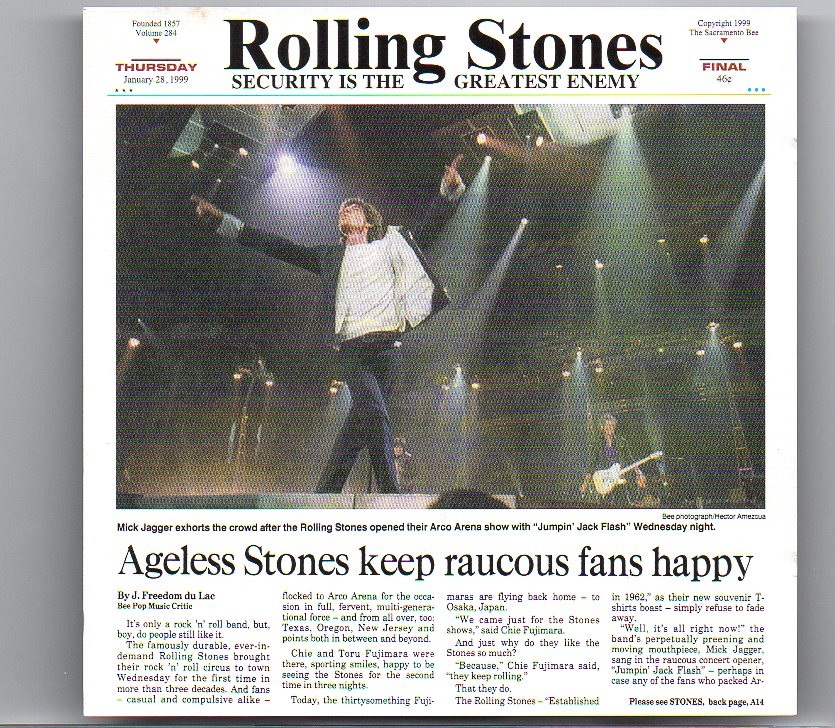 Rolling Stones – Security Is The Greatest Enemy ( 2 CD set )( ARCO Arena , Sacramento , CA , USA , Wednesday January 27th , 1999 ) front cover Rolling Stones - Security Is The Greatest Enemy ( 2 CD set )( ARCO Arena , Sacramento , CA , USA , Wednesday January 27th , 1999 ) front cover