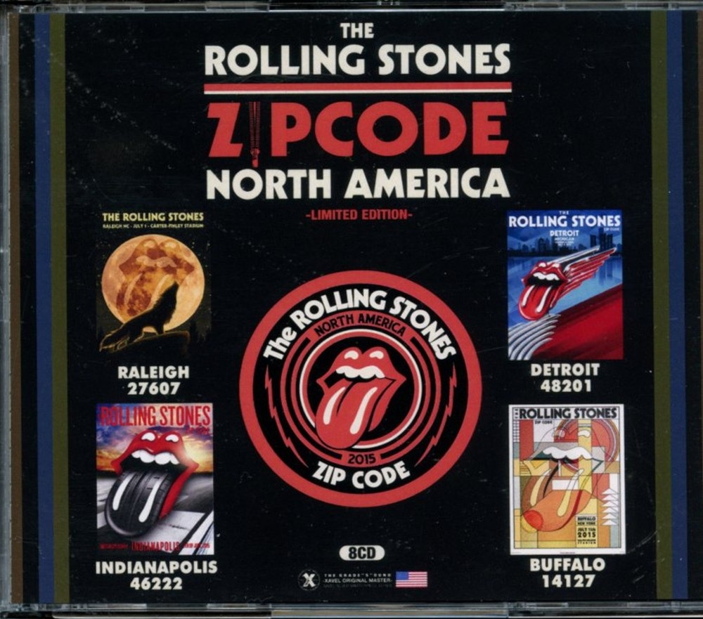 Rolling Stones – ZIP Code North America ( 8 CD SET ) ( Raleigh, Indianapolis, Detroit & New York, July 2015 ) front cover Rolling Stones - ZIP Code North America ( 8 CD SET ) ( Raleigh, Indianapolis, Detroit & New York, July 2015 ) front cover