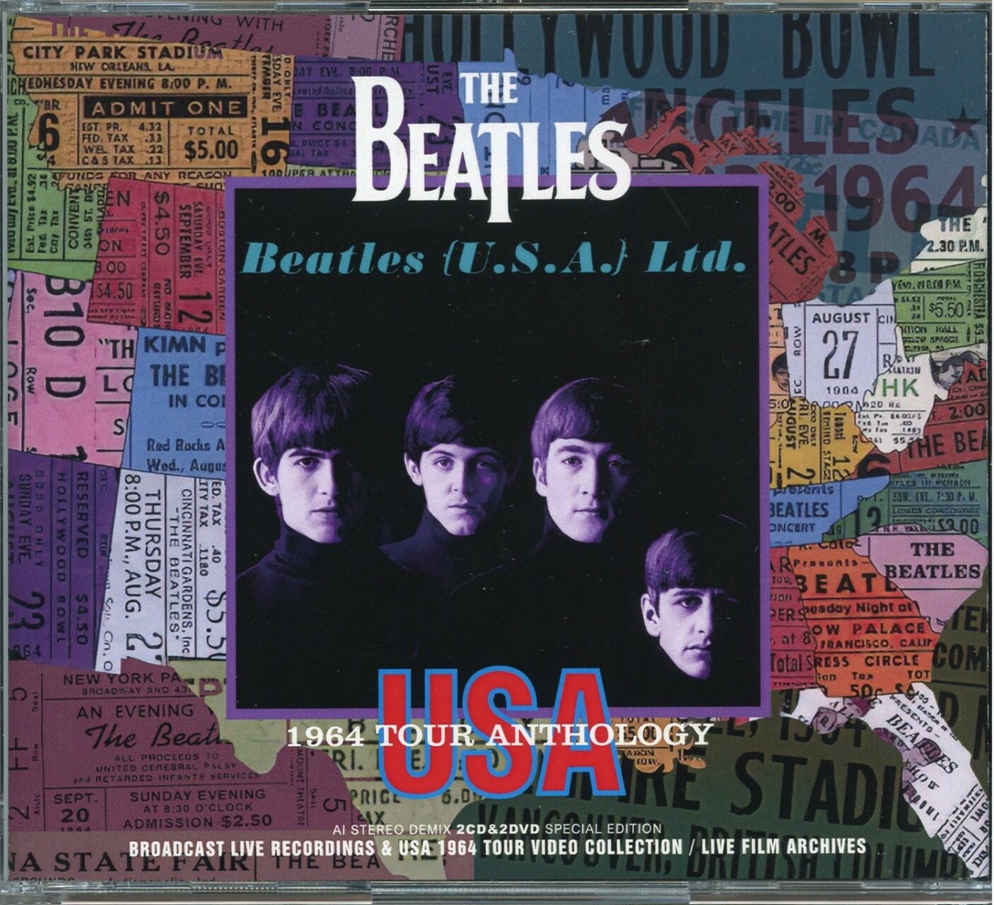 THE BEATLES – USA 1964 Tour Anthology ( 2 CD – 2 DVD SET ) ( GOLDIES ) ( Vancouver, Philadelphia, Indianapolis plus Tour Live Film Archives ) front cover THE BEATLES - USA 1964 Tour Anthology ( 2 CD - 2 DVD SET ) ( GOLDIES ) ( Vancouver, Philadelphia, Indianapolis plus Tour Live Film Archives ) front cover